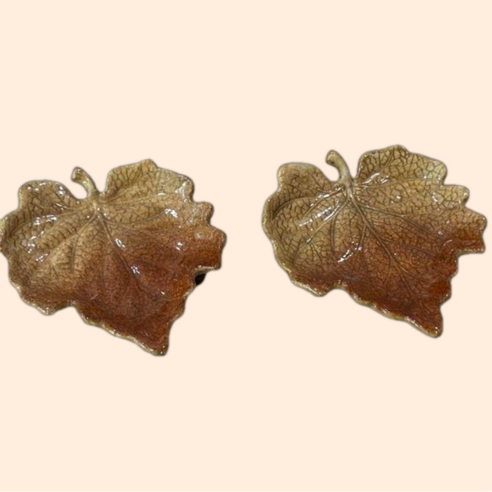 Vintage Y2K Russ Berrie Ceramic Hand Painted Maple Leaf Trinket Trays, Set of 2
